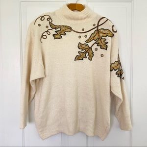 Vintage Gold Beaded Leaf Long Sleeve Sweater